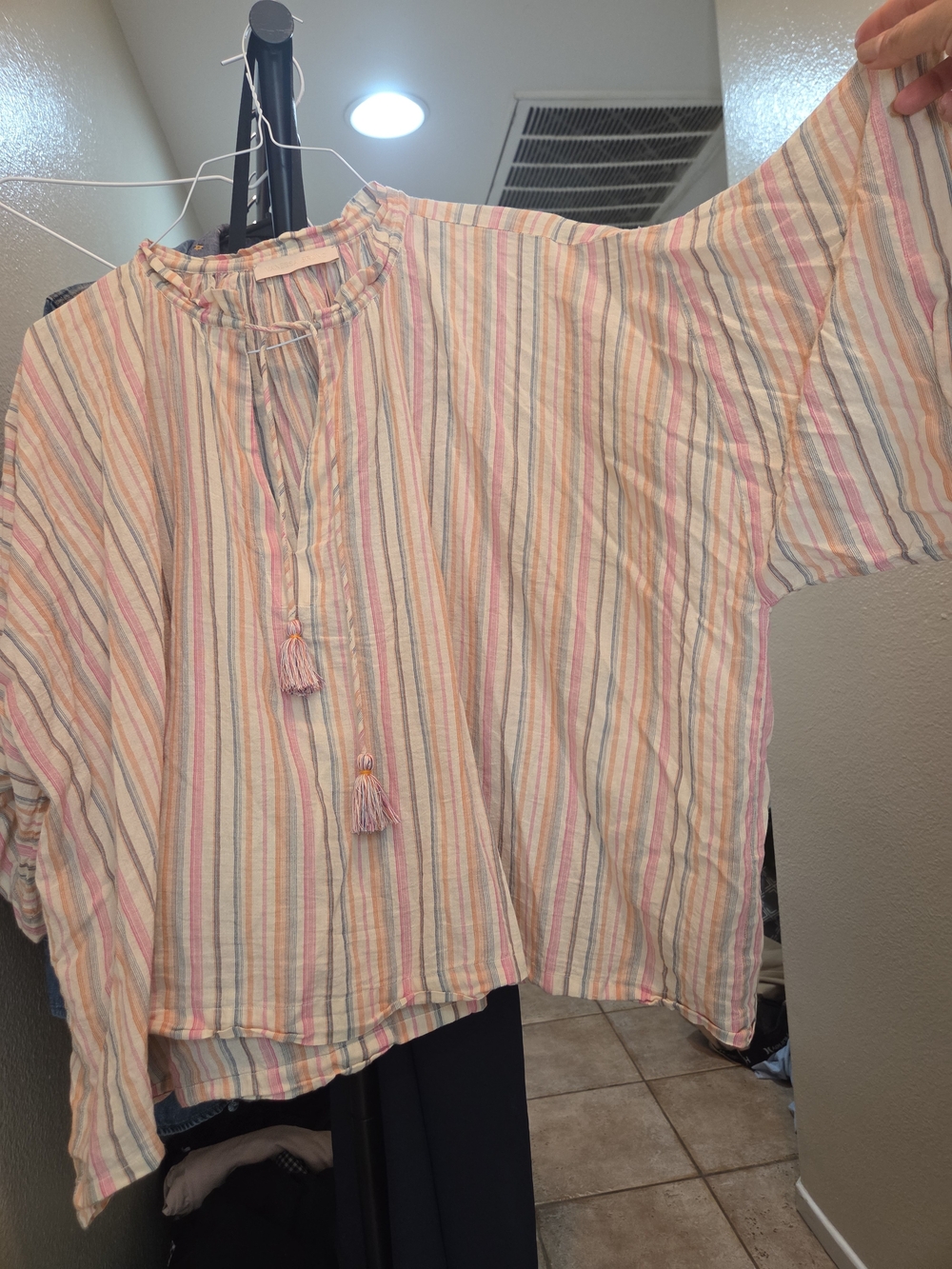 Vanessa Bruno Pastel Striped Tassel Peasant Blouse - Pink, Blue, Cream